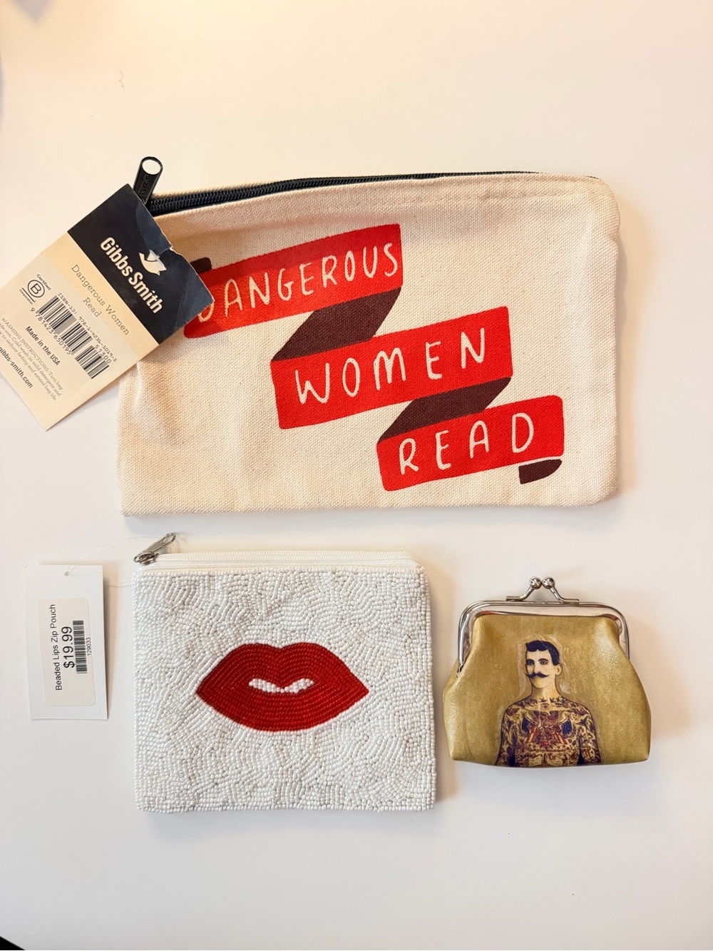Set Gibbs Smith pouch, beaded lips makeup pouch & vintage tattoo man coin purse